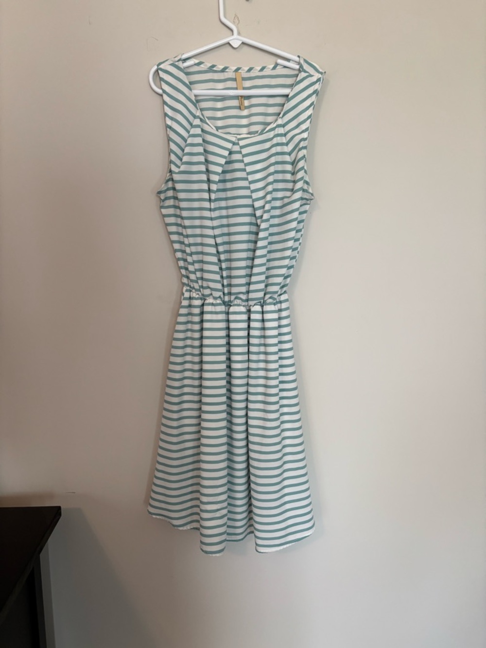Primi Striped Sleeveless Fit-and-Flare Dress in Light Teal and White
